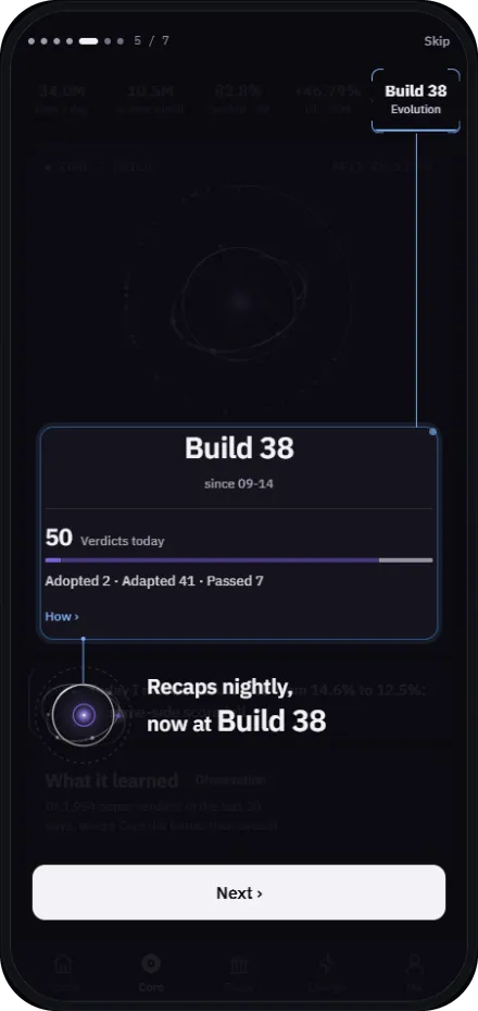 Hedger AI app Build 38 evolution card