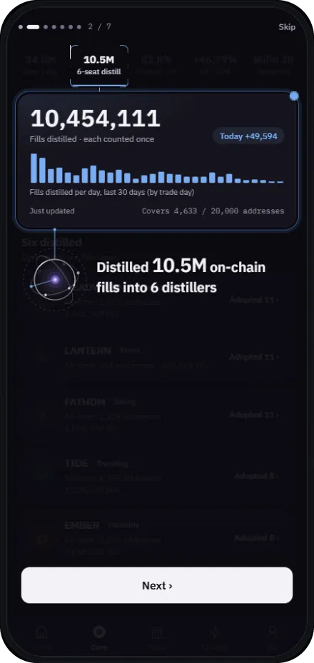 Hedger AI app guide, step 2 of 7: on-chain fills distilled