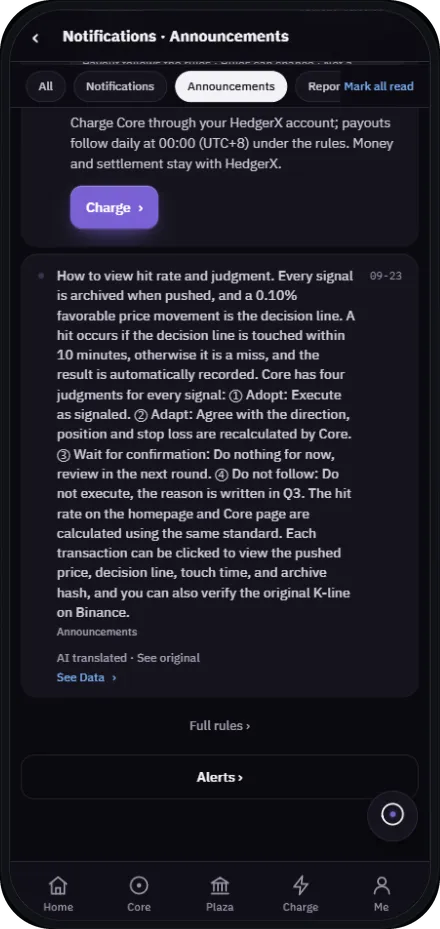Hedger AI app funding and risk rules screen